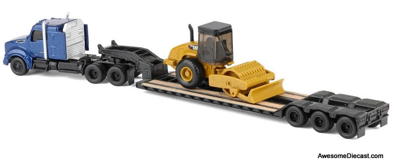 Kenworth T880 Tractor, Blue Metallic w/Lowboy Trailer & CAT Padfoot Roller 1:87 Diecast Model Truck by Diecast Masters