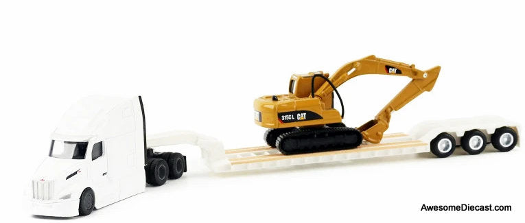 Peterbilt 579 Sleeper Tractor, White w/Lowboy Trailer & CAT 315C Excavator, Yellow 1:87 Diecast Model Truck by Diecast Masters
