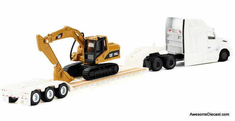 Peterbilt 579 Sleeper Tractor, White w/Lowboy Trailer & CAT 315C Excavator, Yellow 1:87 Diecast Model Truck by Diecast Masters