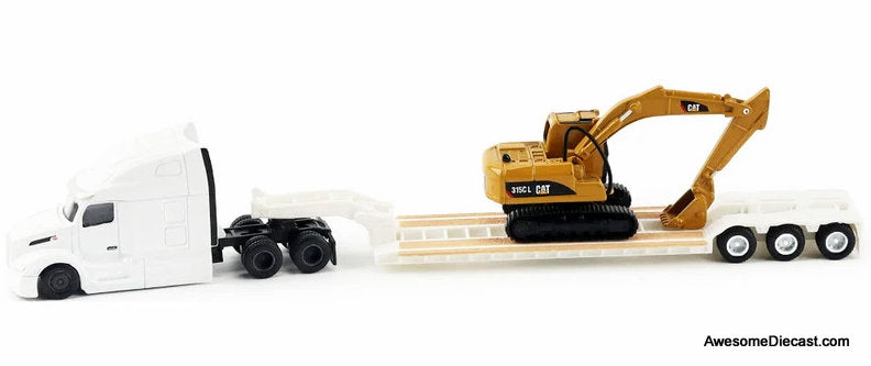 Peterbilt 579 Sleeper Tractor, White w/Lowboy Trailer & CAT 315C Excavator, Yellow 1:87 Diecast Model Truck by Diecast Masters
