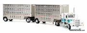 Peterbilt 389 Flat Top Sleeper Tractor w/Wilson Silverstar Double Livestock Trailers, White/Teal 1:64 Diecast Model Truck DCP by FG
