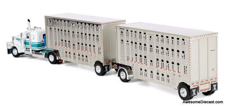 Peterbilt 389 Flat Top Sleeper Tractor w/Wilson Silverstar Double Livestock Trailers, White/Teal 1:64 Diecast Model Truck DCP by FG