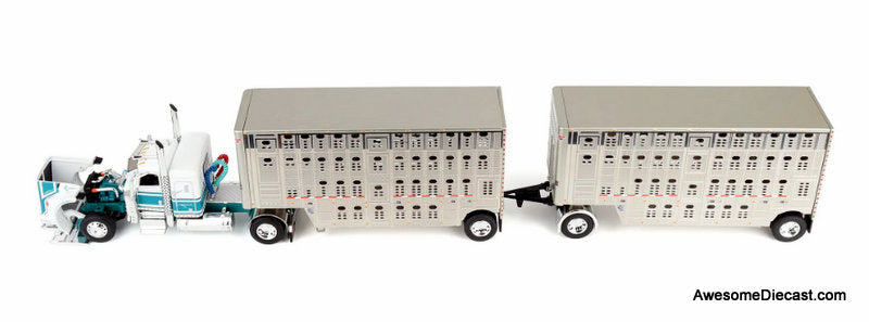 Peterbilt 389 Flat Top Sleeper Tractor w/Wilson Silverstar Double Livestock Trailers, White/Teal 1:64 Diecast Model Truck DCP by FG