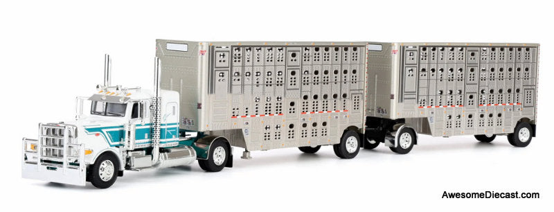 Peterbilt 389 Flat Top Sleeper Tractor w/Wilson Silverstar Double Livestock Trailers, White/Teal 1:64 Diecast Model Truck DCP by FG