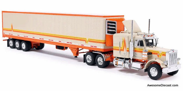 1973 Peterbilt 359 Sleeper Tractor w/Refrigerated Trailer, Orange/Cream 1:64 Diecast Model Truck by IXO