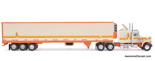 1973 Peterbilt 359 Sleeper Tractor w/Refrigerated Trailer, Orange/Cream 1:64 Diecast Model Truck by IXO