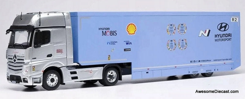 Mercedes-Benz Actros MP4 Sleeper Tractor w/Car Carrier: Hyundai WRC Rally Transporter 1:43 Diecast Model truck by IXO