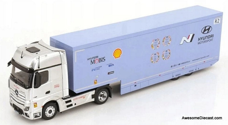 Mercedes-Benz Actros MP4 Sleeper Tractor w/Car Carrier: Hyundai WRC Rally Transporter 1:43 Diecast Model truck by IXO