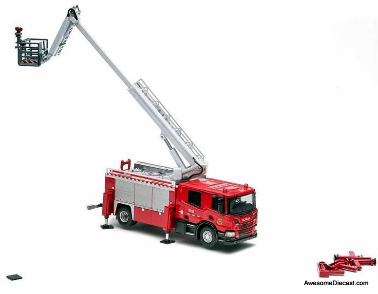 Scania P410 Aerial Platform Fire Truck: Hong Kong Fire Department 1:64 Diecast Model Fire Truck by Masdi