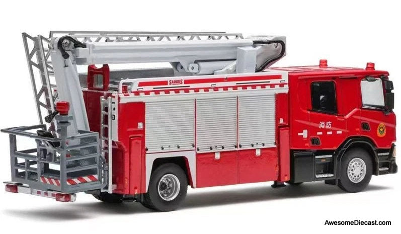 Scania P410 Aerial Platform Fire Truck: Chinese Fire Department 1:64 Diecast Model Fire Truck by Masdi