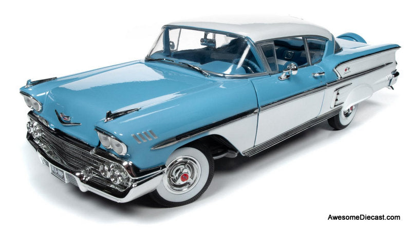 1958 Chevrolet Bel Air Impala Coupe, Cashmere Blue/Arctic White 1:18 Diecast Model car by Auto World