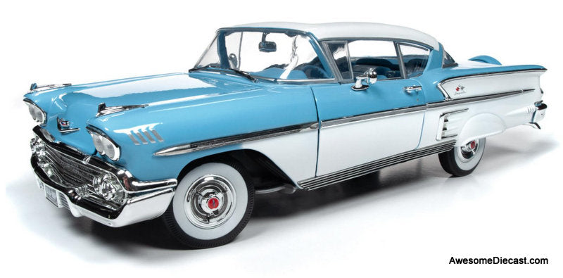 1958 Chevrolet Bel Air Impala Coupe, Cashmere Blue/Arctic White 1:18 Diecast Model car by Auto World