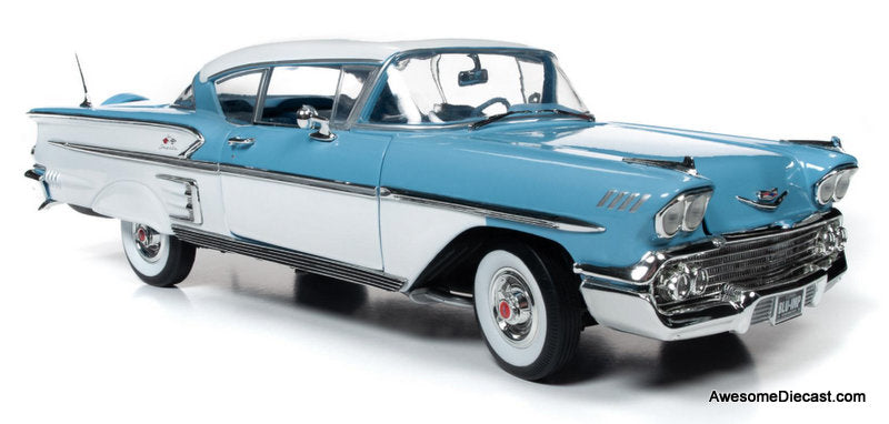 1958 Chevrolet Bel Air Impala Coupe, Cashmere Blue/Arctic White 1:18 Diecast Model car by Auto World
