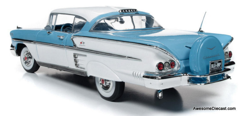 1958 Chevrolet Bel Air Impala Coupe, Cashmere Blue/Arctic White 1:18 Diecast Model car by Auto World