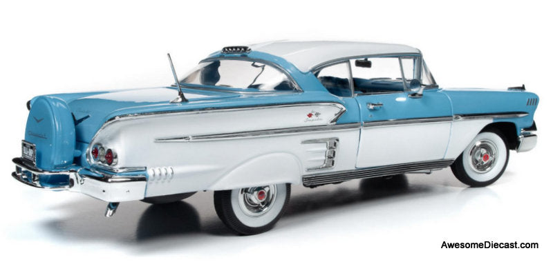 1958 Chevrolet Bel Air Impala Coupe, Cashmere Blue/Arctic White 1:18 Diecast Model car by Auto World