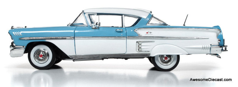 1958 Chevrolet Bel Air Impala Coupe, Cashmere Blue/Arctic White 1:18 Diecast Model car by Auto World