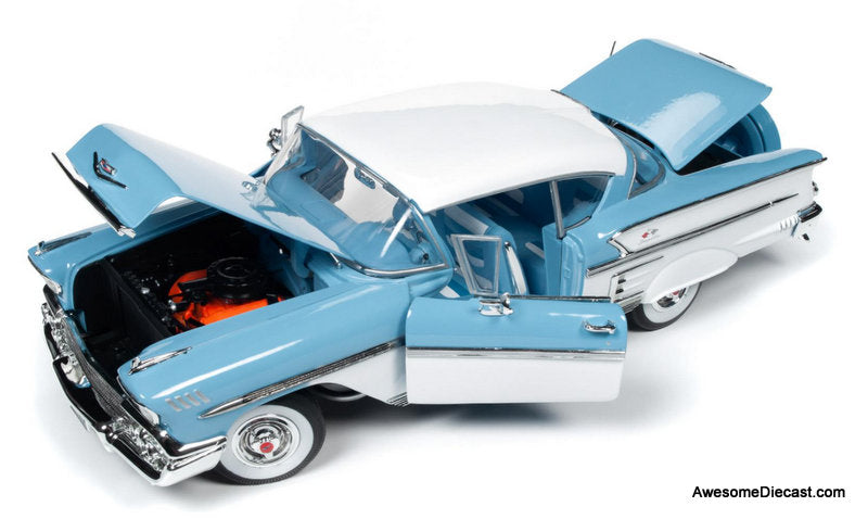 1958 Chevrolet Bel Air Impala Coupe, Cashmere Blue/Arctic White 1:18 Diecast Model car by Auto World