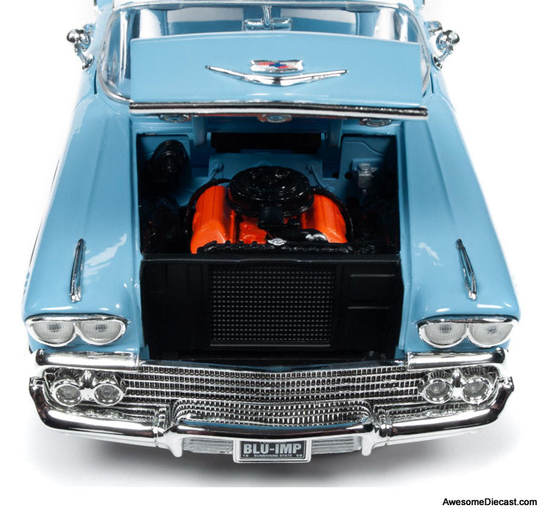 1958 Chevrolet Bel Air Impala Coupe, Cashmere Blue/Arctic White 1:18 Diecast Model car by Auto World
