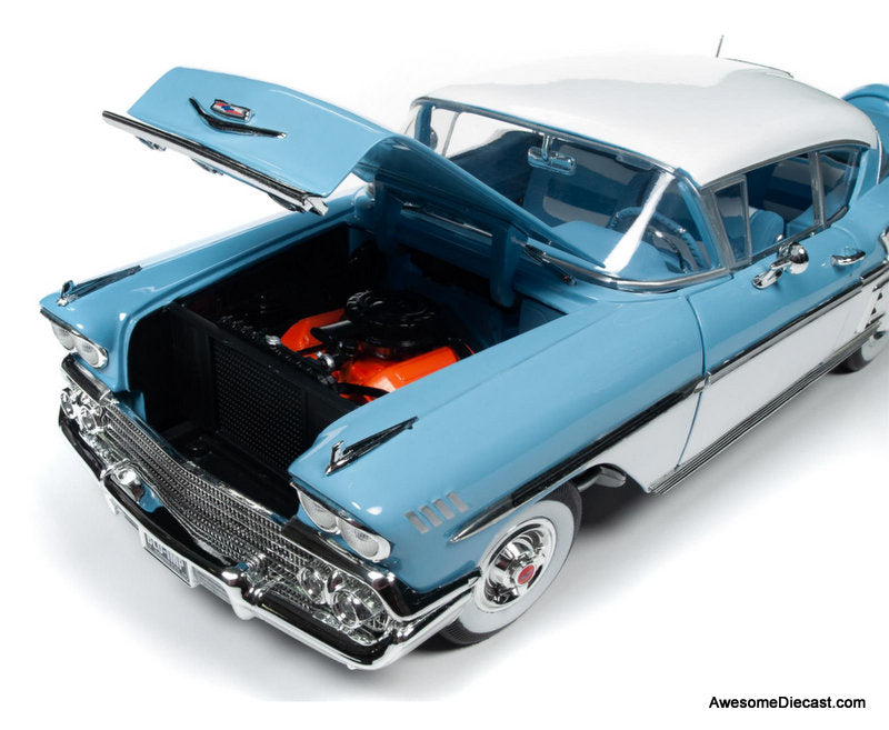 1958 Chevrolet Bel Air Impala Coupe, Cashmere Blue/Arctic White 1:18 Diecast Model car by Auto World