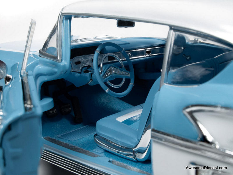 1958 Chevrolet Bel Air Impala Coupe, Cashmere Blue/Arctic White 1:18 Diecast Model car by Auto World
