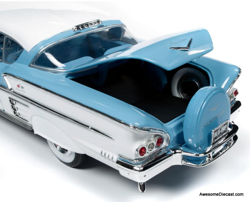 1958 Chevrolet Bel Air Impala Coupe, Cashmere Blue/Arctic White 1:18 Diecast Model car by Auto World