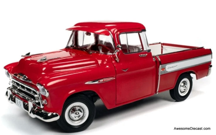 1957 Chevrolet Cameo Pick-Up Truck, Cardinal Red/White 1:18 Diecast Model Truck by Auto World