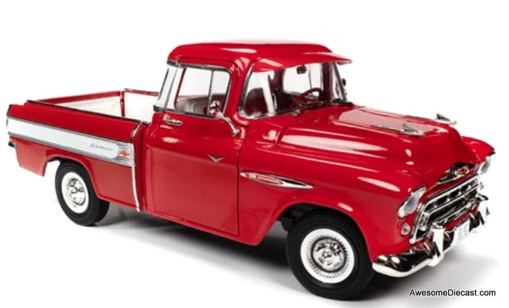 1957 Chevrolet Cameo Pick-Up Truck, Cardinal Red/White 1:18 Diecast Model Truck by Auto World