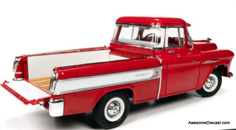 1957 Chevrolet Cameo Pick-Up Truck, Cardinal Red/White 1:18 Diecast Model Truck by Auto World