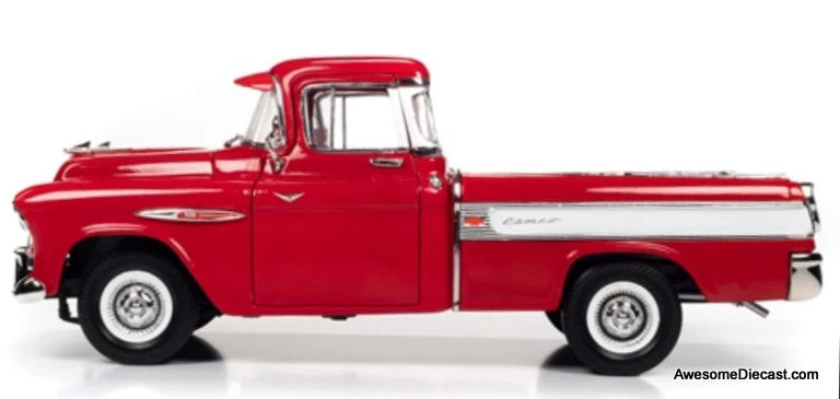 1957 Chevrolet Cameo Pick-Up Truck, Cardinal Red/White 1:18 Diecast Model Truck by Auto World
