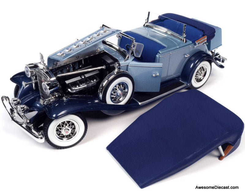1932 Cadillac V16 Sports Phaeton Metallic Light Silver Blue/Enamel Dark Blue 1:18 Diecast Model Car by Auto World