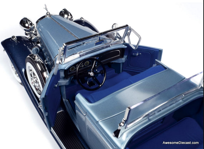 1932 Cadillac V16 Sports Phaeton Metallic Light Silver Blue/Enamel Dark Blue 1:18 Diecast Model Car by Auto World