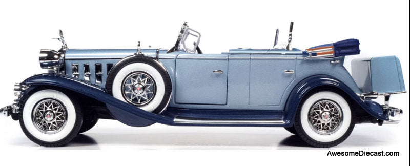 1932 Cadillac V16 Sports Phaeton Metallic Light Silver Blue/Enamel Dark Blue 1:18 Diecast Model Car by Auto World