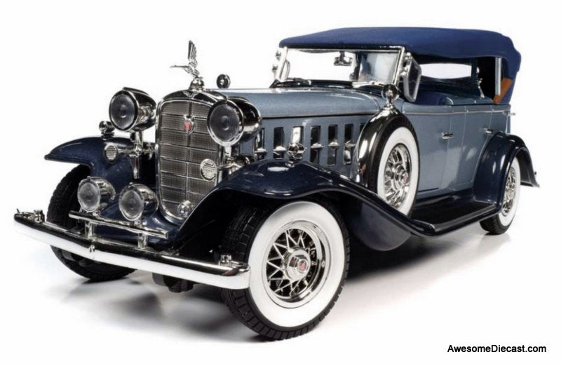 1932 Cadillac V16 Sports Phaeton Metallic Light Silver Blue/Enamel Dark Blue 1:18 Diecast Model Car by Auto World