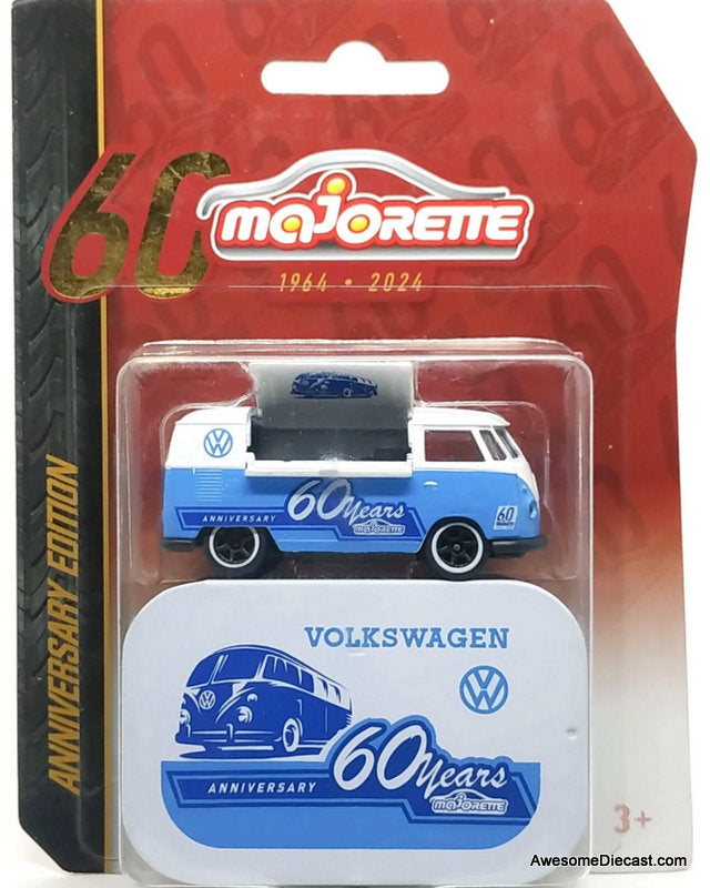 Volkswagen T1 Food Truck 60th Anniversary White/Blue 1:64 Diecast Model Truck by Majorette