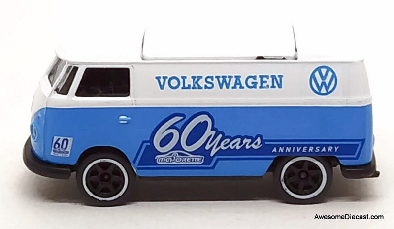Volkswagen T1 Food Truck 60th Anniversary White/Blue 1:64 Diecast Model Truck by Majorette