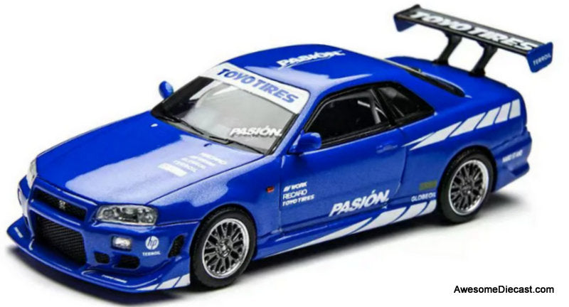 Nissan Skyline GT-R R34, Metallic Blue 1:64 Diecast Model Car by Time Micro