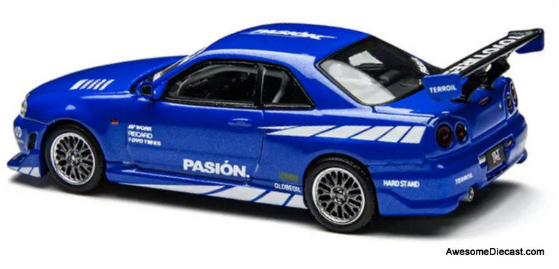 Nissan Skyline GT-R R34, Metallic Blue 1:64 Diecast Model Car by Time Micro