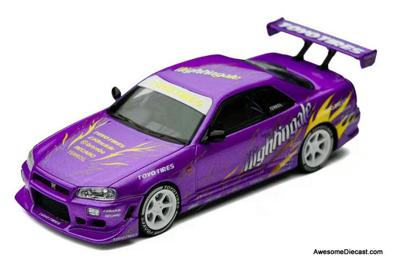 Nissan Skyline GT-R R34, Drifting Flames Purple 1:64 Diecast Model Car by Time Micro