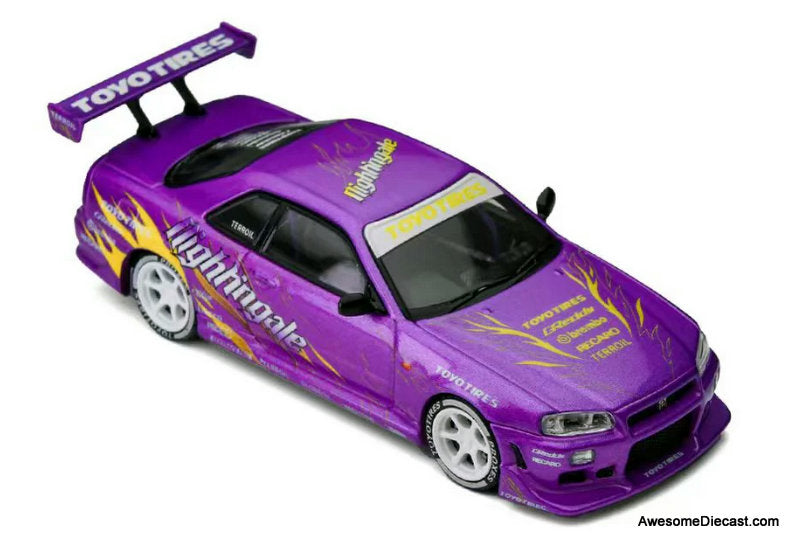 Nissan Skyline GT-R R34, Drifting Flames Purple 1:64 Diecast Model Car by Time Micro