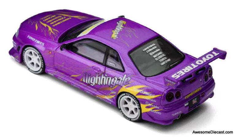 Nissan Skyline GT-R R34, Drifting Flames Purple 1:64 Diecast Model Car by Time Micro