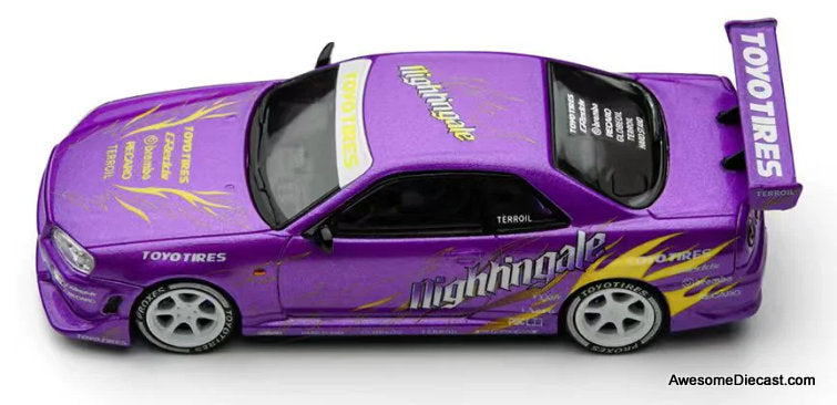 Nissan Skyline GT-R R34, Drifting Flames Purple 1:64 Diecast Model Car by Time Micro