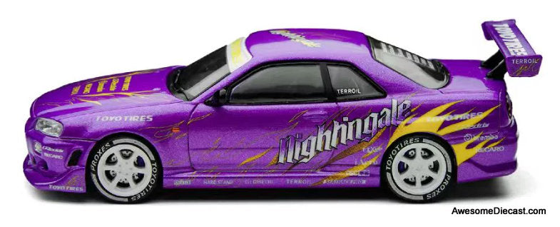 Nissan Skyline GT-R R34, Drifting Flames Purple 1:64 Diecast Model Car by Time Micro