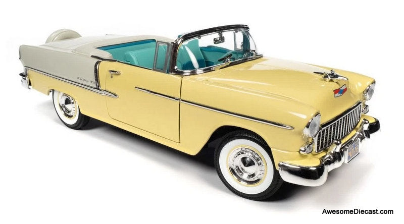 1955 Chevrolet Bel Air Convertible, Yellow/White 1:18 Diecast Model Car by Auto World