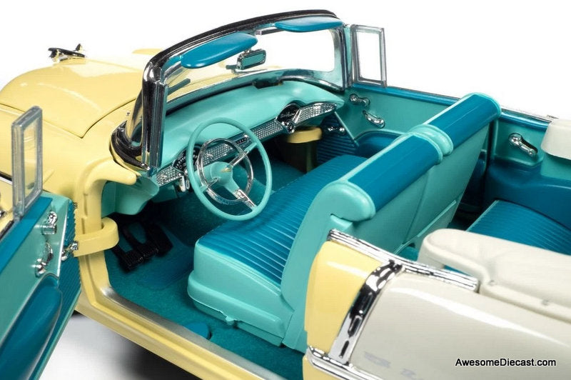 1955 Chevrolet Bel Air Convertible, Yellow/White 1:18 Diecast Model Car by Auto World