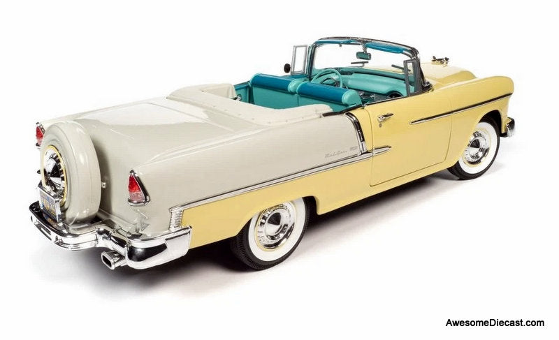 1955 Chevrolet Bel Air Convertible, Yellow/White 1:18 Diecast Model Car by Auto World
