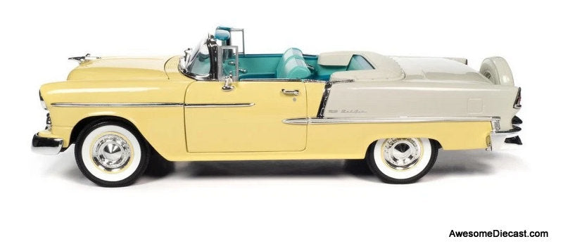 1955 Chevrolet Bel Air Convertible, Yellow/White 1:18 Diecast Model Car by Auto World