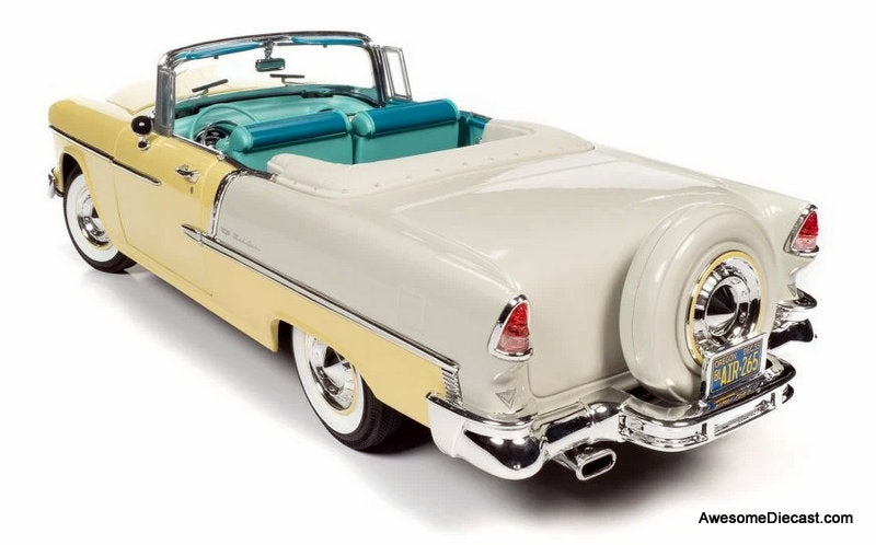 1955 Chevrolet Bel Air Convertible, Yellow/White 1:18 Diecast Model Car by Auto World
