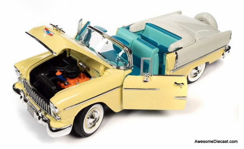 1955 Chevrolet Bel Air Convertible, Yellow/White 1:18 Diecast Model Car by Auto World