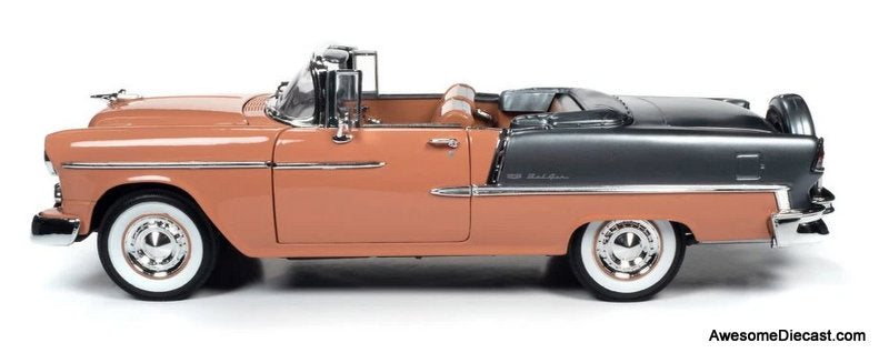 1955 Chevrolet Bel Air Convertible, Coral/Gray 1:18 Diecast Model Car by Auto World