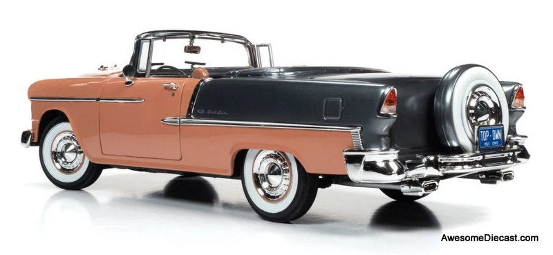 1955 Chevrolet Bel Air Convertible, Coral/Gray 1:18 Diecast Model Car by Auto World